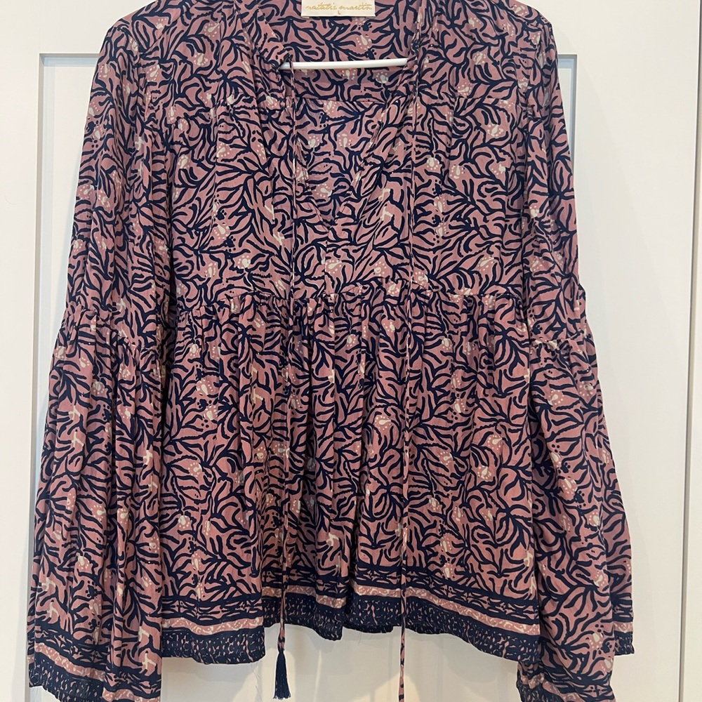 Natalie Martin Pink and Navy Floral Print Boho Peasant Blouse